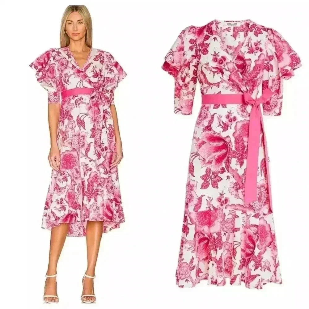 DIANE VON FURSTENBERG DVF Womens Floral Annabeth Wrap Midi Poplin Dress